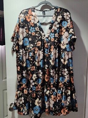 SHEIN Black Floral V-Neck Tiered Mini Dress with Blue and Peach Flowers